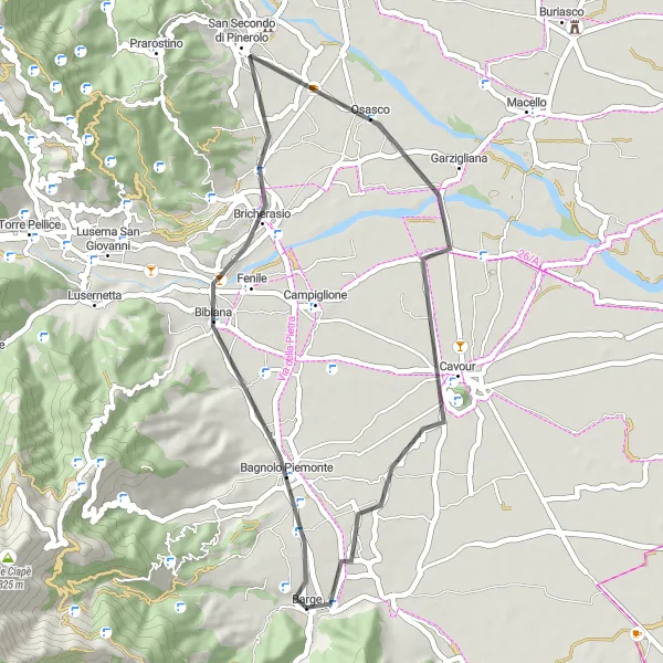 Miniatua del mapa de inspiración ciclista "Recorrido en Bicicleta de Carretera por Cavour y San Pietro Assarti" en Piemonte, Italy. Generado por Tarmacs.app planificador de rutas ciclistas