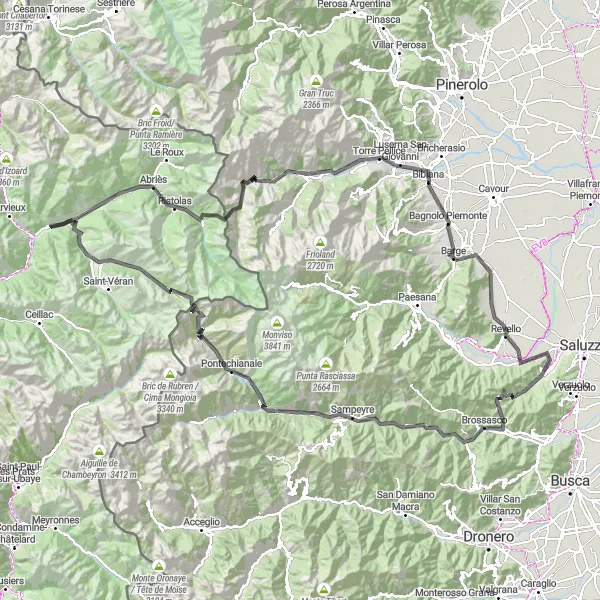 Kartminiatyr av "Revello til Bagnolo Piemonte landeveissykling" sykkelinspirasjon i Piemonte, Italy. Generert av Tarmacs.app sykkelrutoplanlegger