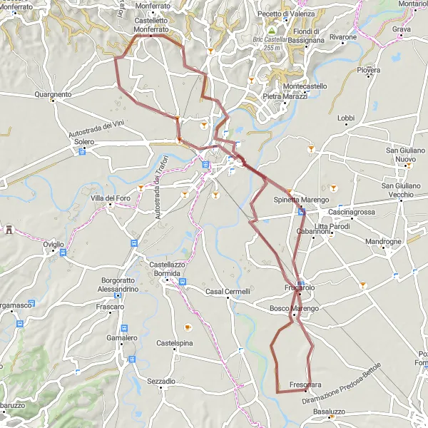 Miniatua del mapa de inspiración ciclista "Ruta de ciclismo de grava a través de Castelletto Monferrato y Frugarolo" en Piemonte, Italy. Generado por Tarmacs.app planificador de rutas ciclistas