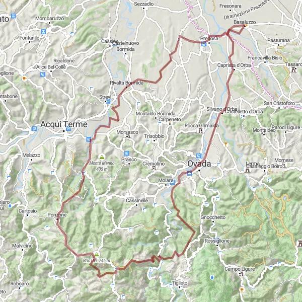 Map miniature of "Gravel Adventure in Ovada" cycling inspiration in Piemonte, Italy. Generated by Tarmacs.app cycling route planner