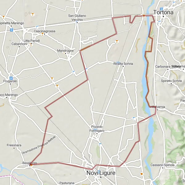 Map miniature of "Gravel Loop from Basaluzzo" cycling inspiration in Piemonte, Italy. Generated by Tarmacs.app cycling route planner