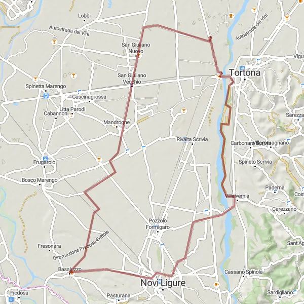 Map miniature of "Mandrogne and San Giuliano Nuovo" cycling inspiration in Piemonte, Italy. Generated by Tarmacs.app cycling route planner