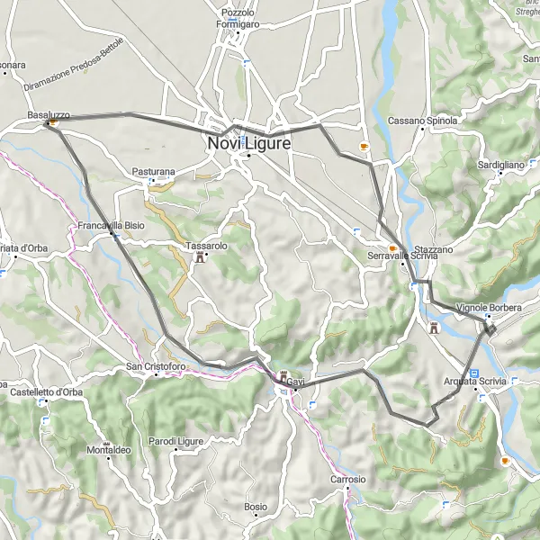 Map miniature of "Scenic Road Loop to Novi Ligure" cycling inspiration in Piemonte, Italy. Generated by Tarmacs.app cycling route planner