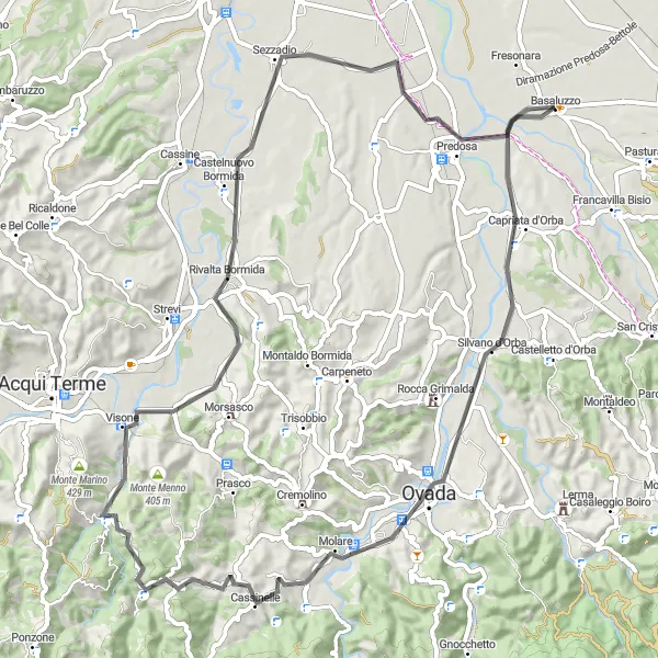 Kartminiatyr av "Vägar runt Castelnuovo Bormida" cykelinspiration i Piemonte, Italy. Genererad av Tarmacs.app cykelruttplanerare