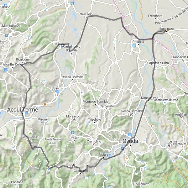 Map miniature of "Scenic Road Cycling Route from Basaluzzo" cycling inspiration in Piemonte, Italy. Generated by Tarmacs.app cycling route planner