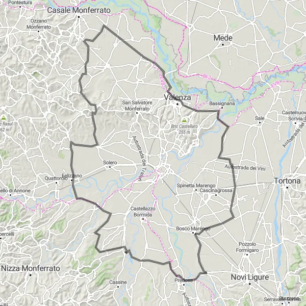 Zemljevid v pomanjšavi "Dolga cesta skozi pokrajino Piemonta" kolesarske inspiracije v Piemonte, Italy. Generirano z načrtovalcem kolesarskih poti Tarmacs.app