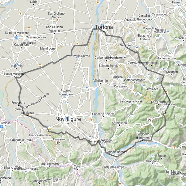 Miniatua del mapa de inspiración ciclista "Explorando Tortona y Serravalle Scrivia" en Piemonte, Italy. Generado por Tarmacs.app planificador de rutas ciclistas