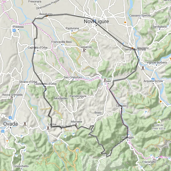 Miniatura della mappa di ispirazione al ciclismo "Cicloturismo tra Serravalle Scrivia e Pratalborato" nella regione di Piemonte, Italy. Generata da Tarmacs.app, pianificatore di rotte ciclistiche