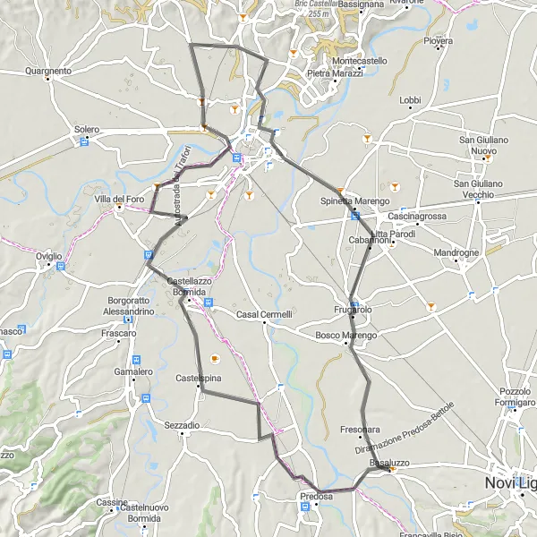 Miniatua del mapa de inspiración ciclista "Ruta en Carretera Predosa - Basaluzzo" en Piemonte, Italy. Generado por Tarmacs.app planificador de rutas ciclistas