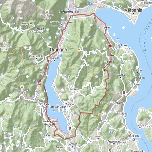 Miniatua del mapa de inspiración ciclista "Ruta de Gravel por los Pueblos del Lago Maggiore" en Piemonte, Italy. Generado por Tarmacs.app planificador de rutas ciclistas