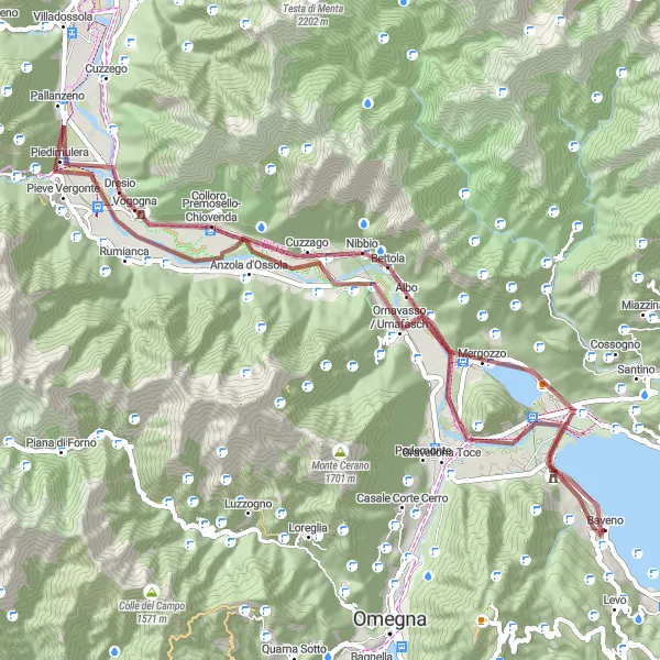 Map miniature of "Gravel Adventure around Baveno" cycling inspiration in Piemonte, Italy. Generated by Tarmacs.app cycling route planner