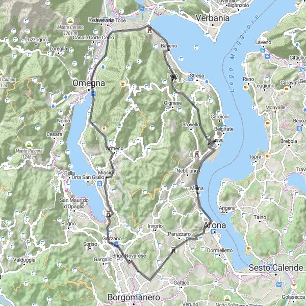 Zemljevid v pomanjšavi "Scenic Lakeside Road Cycling Loop" kolesarske inspiracije v Piemonte, Italy. Generirano z načrtovalcem kolesarskih poti Tarmacs.app