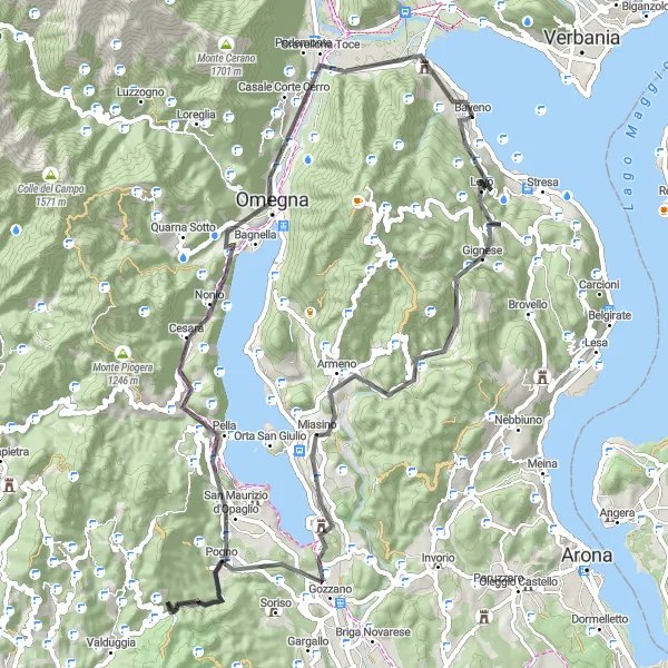 Map miniature of "Giro del Lago Maggiore" cycling inspiration in Piemonte, Italy. Generated by Tarmacs.app cycling route planner