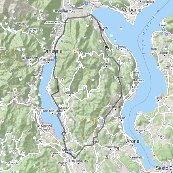 Map miniature of "The Serene Route of Baveno" cycling inspiration in Piemonte, Italy. Generated by Tarmacs.app cycling route planner