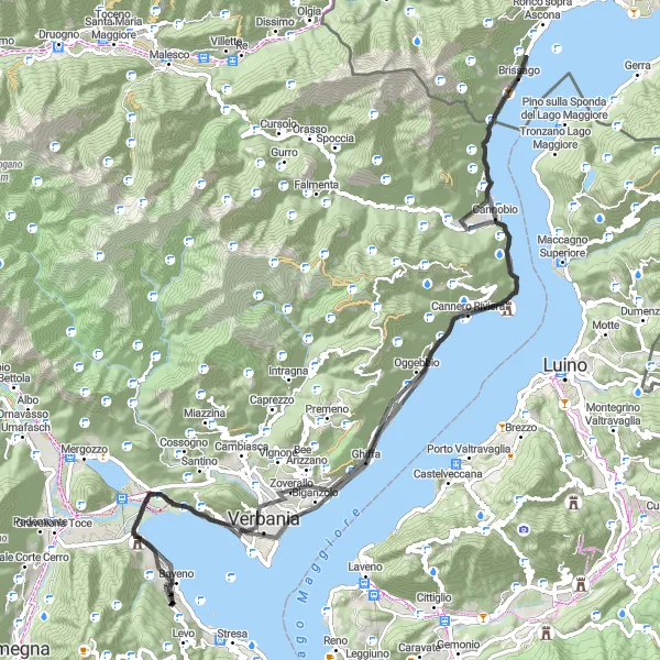 Miniature de la carte de l'inspiration cycliste "Exploration de la rive ouest du lac Majeur en vélo de route" dans la Piemonte, Italy. Générée par le planificateur d'itinéraire cycliste Tarmacs.app