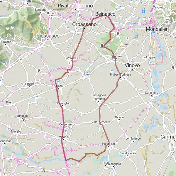 Miniaturní mapa "Gravel Cyklotrasa kolem Beinasco a okolí" inspirace pro cyklisty v oblasti Piemonte, Italy. Vytvořeno pomocí plánovače tras Tarmacs.app