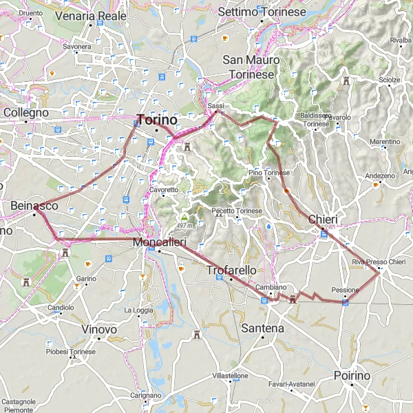 Miniatura della mappa di ispirazione al ciclismo "Avventura in bicicletta gravel tra Torino e Superga" nella regione di Piemonte, Italy. Generata da Tarmacs.app, pianificatore di rotte ciclistiche