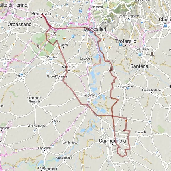 Map miniature of "Moncalieri, Carmagnola and Beinasco Gravel Route" cycling inspiration in Piemonte, Italy. Generated by Tarmacs.app cycling route planner