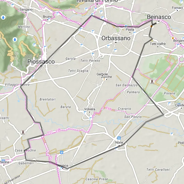 Miniaturní mapa "Okruh kolem Beinasca přes Airascu, Piossasco a Orbassano" inspirace pro cyklisty v oblasti Piemonte, Italy. Vytvořeno pomocí plánovače tras Tarmacs.app