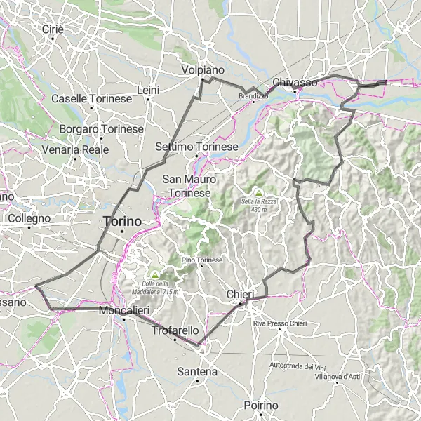 Miniatura della mappa di ispirazione al ciclismo "Avventura ciclistica tra le colline del Piemonte" nella regione di Piemonte, Italy. Generata da Tarmacs.app, pianificatore di rotte ciclistiche