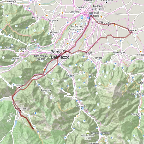 Map miniature of "Gravel Loop to Cuneo, Borgo San Dalmazzo, and Monte la Bastia" cycling inspiration in Piemonte, Italy. Generated by Tarmacs.app cycling route planner