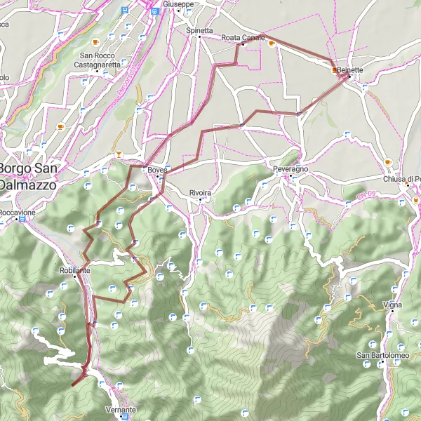 Map miniature of "Gravel Ride to Roata Canale and the Colletto del Moro" cycling inspiration in Piemonte, Italy. Generated by Tarmacs.app cycling route planner