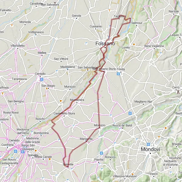 Miniaturní mapa "Gravelový okruh okolo Beinette" inspirace pro cyklisty v oblasti Piemonte, Italy. Vytvořeno pomocí plánovače tras Tarmacs.app