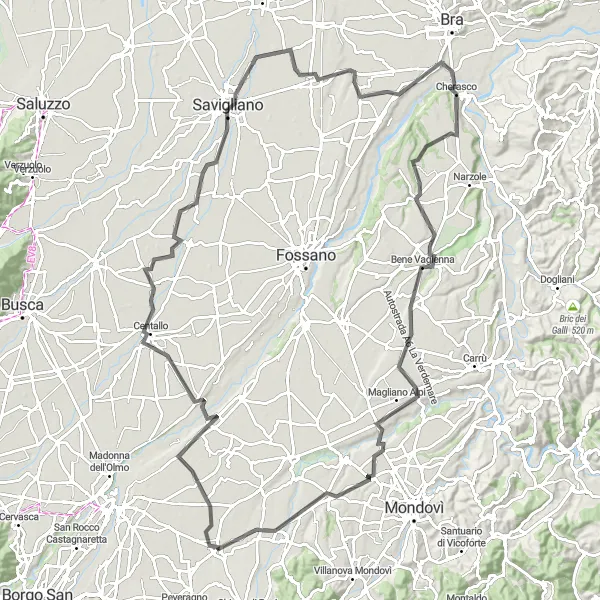 Karten-Miniaturansicht der Radinspiration "Panorama Radfahrt durch Bene Vagienna und Pianfei" in Piemonte, Italy. Erstellt vom Tarmacs.app-Routenplaner für Radtouren