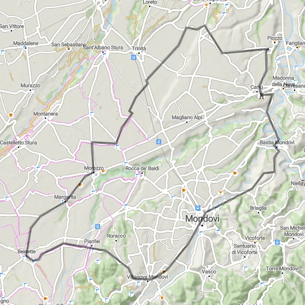 Map miniature of "Exploring Morozzo and Beyond" cycling inspiration in Piemonte, Italy. Generated by Tarmacs.app cycling route planner