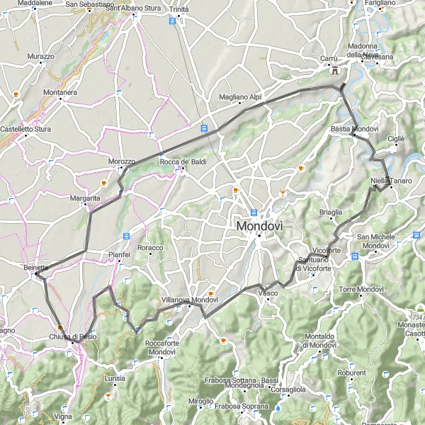 Miniatua del mapa de inspiración ciclista "Ruta en Carretera desde Morozzo" en Piemonte, Italy. Generado por Tarmacs.app planificador de rutas ciclistas