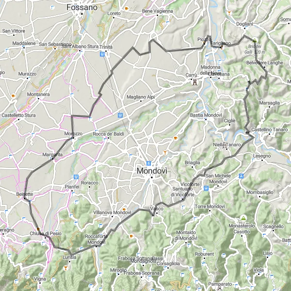 Map miniature of "Road Tour through Morozzo, Isola, Piozzo, and Rocca Cigliè" cycling inspiration in Piemonte, Italy. Generated by Tarmacs.app cycling route planner
