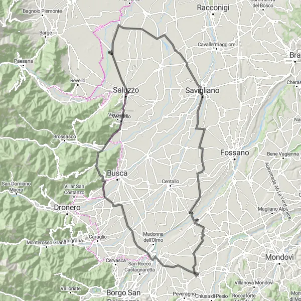 Miniature de la carte de l'inspiration cycliste "Parcours routier entre Cuneo et Genola" dans la Piemonte, Italy. Générée par le planificateur d'itinéraire cycliste Tarmacs.app