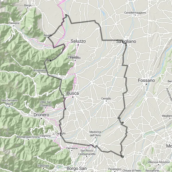 Map miniature of "Challenging Road Loop through Cuneo, Caraglio, and Castellar" cycling inspiration in Piemonte, Italy. Generated by Tarmacs.app cycling route planner