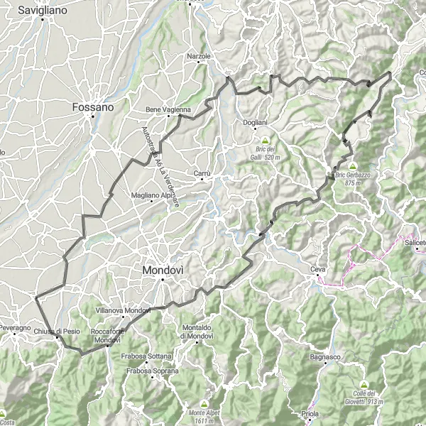 Kartminiatyr av "Historisk tur til Lurisia og Vicoforte" sykkelinspirasjon i Piemonte, Italy. Generert av Tarmacs.app sykkelrutoplanlegger