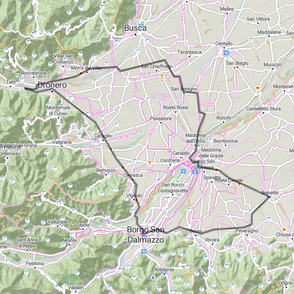 Mapa miniatúra "Okruh po ceste okolo Beinette" cyklistická inšpirácia v Piemonte, Italy. Vygenerované cyklistickým plánovačom trás Tarmacs.app
