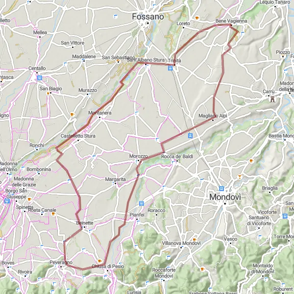 Miniatua del mapa de inspiración ciclista "Ruta de grava a través de Bene Vagienna y sus alrededores" en Piemonte, Italy. Generado por Tarmacs.app planificador de rutas ciclistas