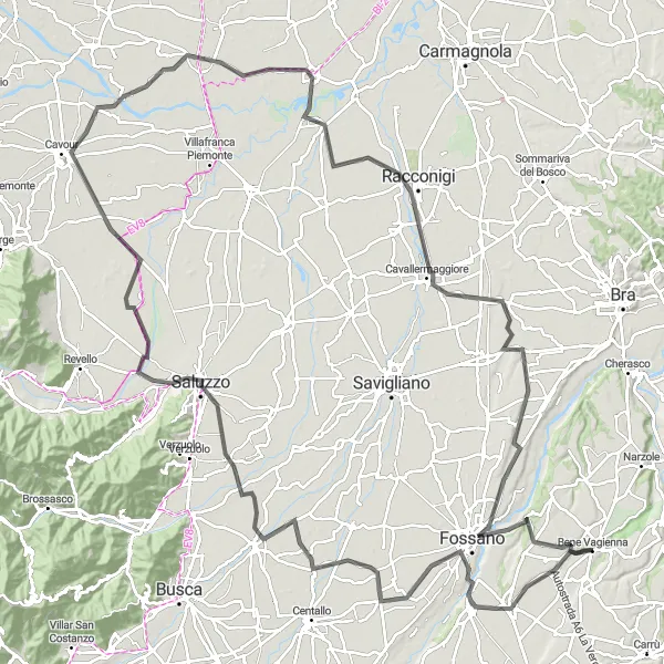 Karttaminiaatyyri "Roerovuorten kierros" pyöräilyinspiraatiosta alueella Piemonte, Italy. Luotu Tarmacs.app pyöräilyreittisuunnittelijalla