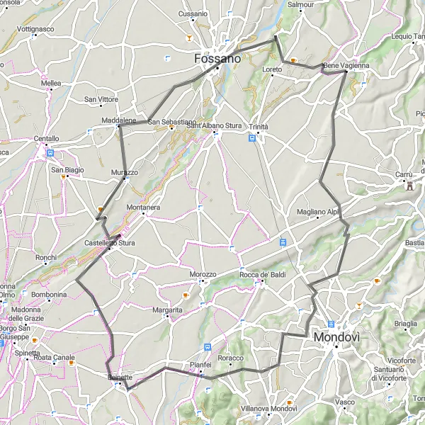 Miniaturní mapa "Bene Vagienna - Roracco - Beinette - Murazzo - Castello Principi degli Acaja" inspirace pro cyklisty v oblasti Piemonte, Italy. Vytvořeno pomocí plánovače tras Tarmacs.app