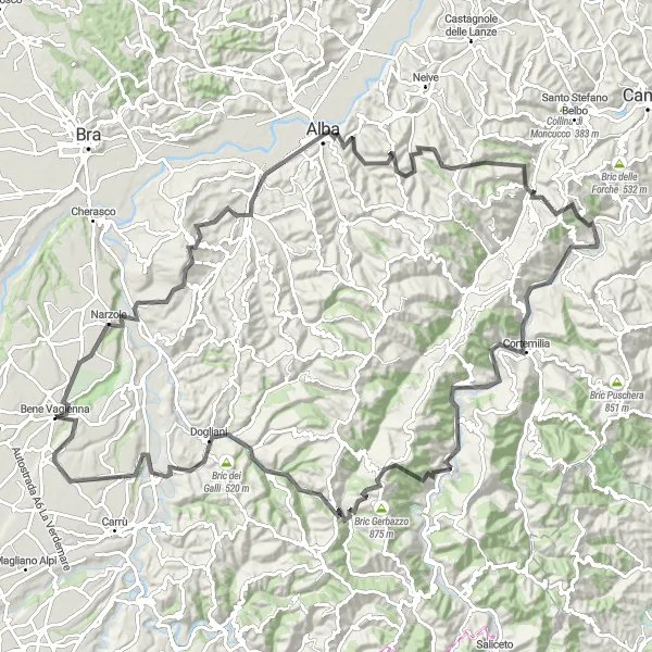 Miniatura della mappa di ispirazione al ciclismo "Giro in bicicletta da Bene Vagienna attraverso Treiso" nella regione di Piemonte, Italy. Generata da Tarmacs.app, pianificatore di rotte ciclistiche
