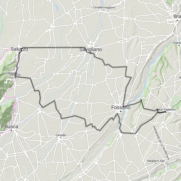 Map miniature of "Discovering Savigliano and Beyond" cycling inspiration in Piemonte, Italy. Generated by Tarmacs.app cycling route planner