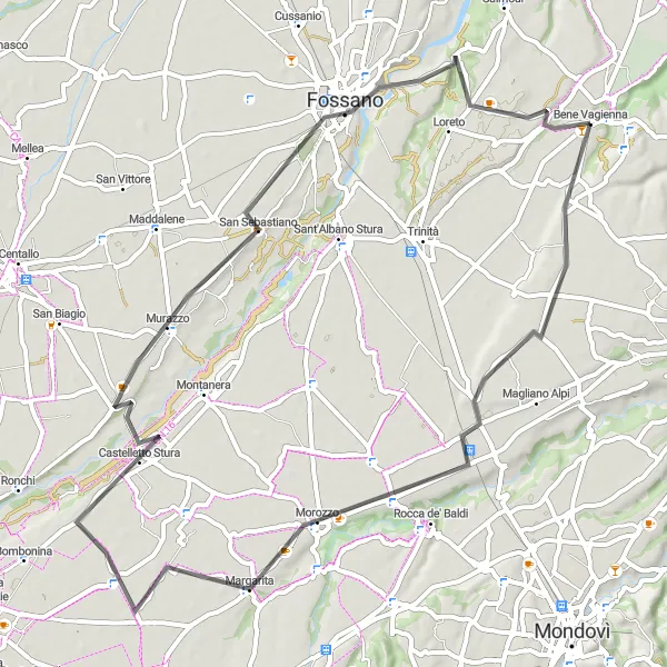 Miniatua del mapa de inspiración ciclista "Ruta de Ciclismo en Carretera Bene Vagienna - Castello Principi degli Acaja" en Piemonte, Italy. Generado por Tarmacs.app planificador de rutas ciclistas