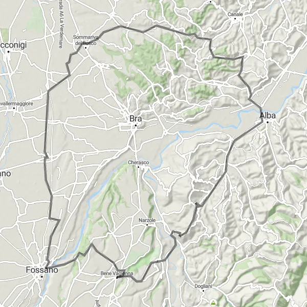 Miniaturní mapa "Cyklotrasa kolem Fossano a Alby" inspirace pro cyklisty v oblasti Piemonte, Italy. Vytvořeno pomocí plánovače tras Tarmacs.app