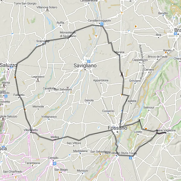 Miniature de la carte de l'inspiration cycliste "Boucle de 91 km passant par Falicetto et Castello Principi degli Acaja" dans la Piemonte, Italy. Générée par le planificateur d'itinéraire cycliste Tarmacs.app