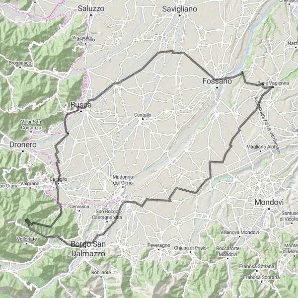 Map miniature of "The Hills of Cuneo" cycling inspiration in Piemonte, Italy. Generated by Tarmacs.app cycling route planner