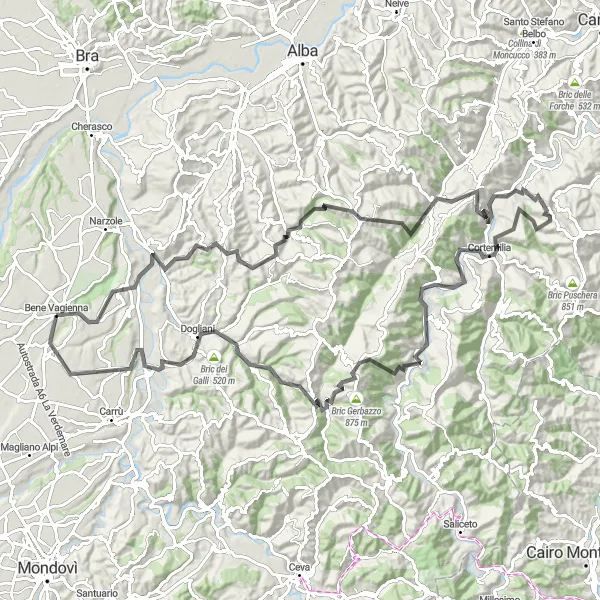 Karttaminiaatyyri "Maantiekiertue Bene Vagiennan lähellä" pyöräilyinspiraatiosta alueella Piemonte, Italy. Luotu Tarmacs.app pyöräilyreittisuunnittelijalla
