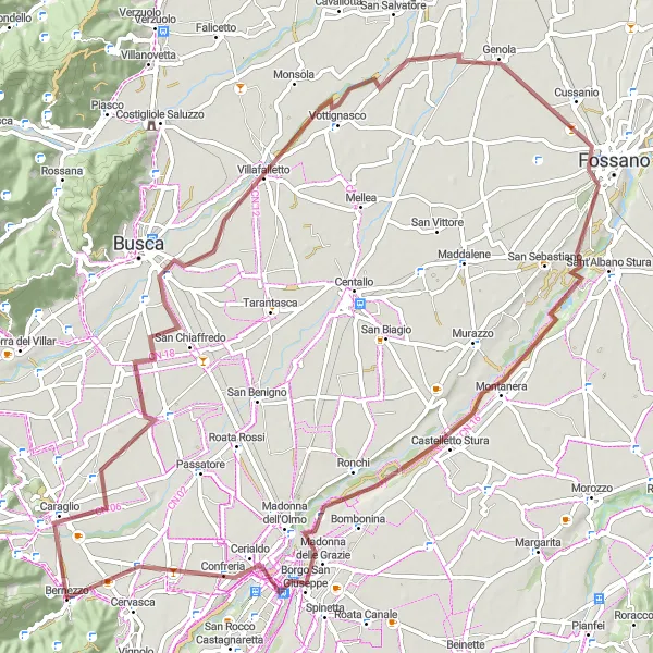 Mapa miniatúra "Gravelová trasa San Chiaffredo-Villafalletto-Cussanio-Ronchi-Cuneo" cyklistická inšpirácia v Piemonte, Italy. Vygenerované cyklistickým plánovačom trás Tarmacs.app