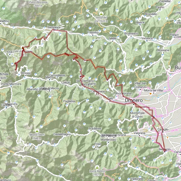 Mapa miniatúra "Gravelová trasa Poggio Ciappin-Roccabruna-Monte Birrone-Colle di Sampeyre-Roccia Frace-Rore-Cartignano" cyklistická inšpirácia v Piemonte, Italy. Vygenerované cyklistickým plánovačom trás Tarmacs.app