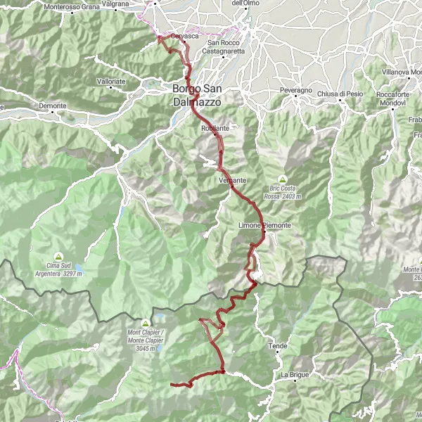 Miniatuurkaart van de fietsinspiratie "Gravelpad naar de top van de bergen" in Piemonte, Italy. Gemaakt door de Tarmacs.app fietsrouteplanner