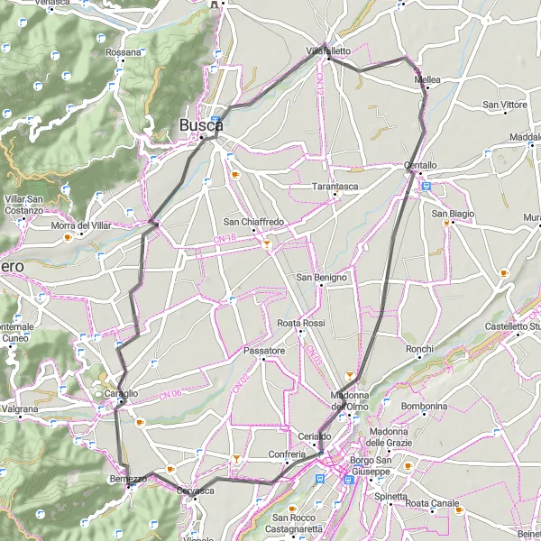 Miniatura della mappa di ispirazione al ciclismo "Escursione in bicicletta alla scoperta dei tesori nascosti vicino Bernezzo" nella regione di Piemonte, Italy. Generata da Tarmacs.app, pianificatore di rotte ciclistiche