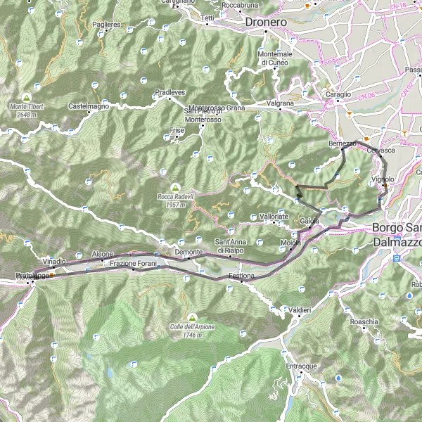 Karttaminiaatyyri "Lyhyt kierros kohti Begudaa" pyöräilyinspiraatiosta alueella Piemonte, Italy. Luotu Tarmacs.app pyöräilyreittisuunnittelijalla